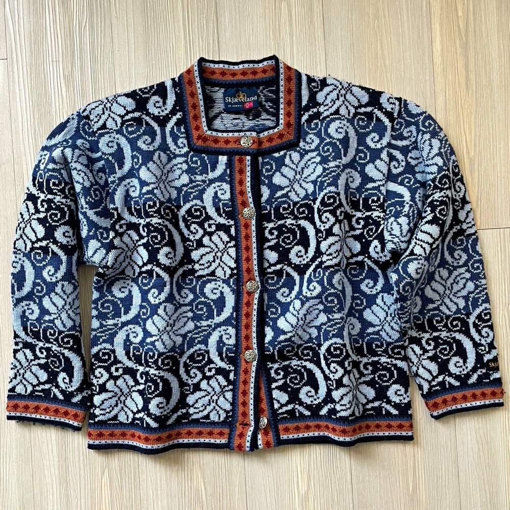 Skjaeveland Norway Women's VTG Wool Knit Button Cardigan Tapestry Sz S Ski Lodge